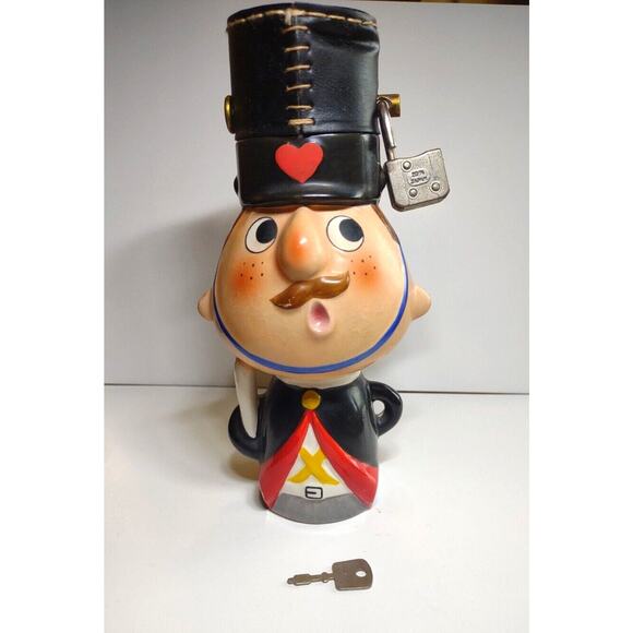 Kawaii Ceramic Still Bank Uniform Man Black Hat Japan Vintage Retro Kitsch Lock
